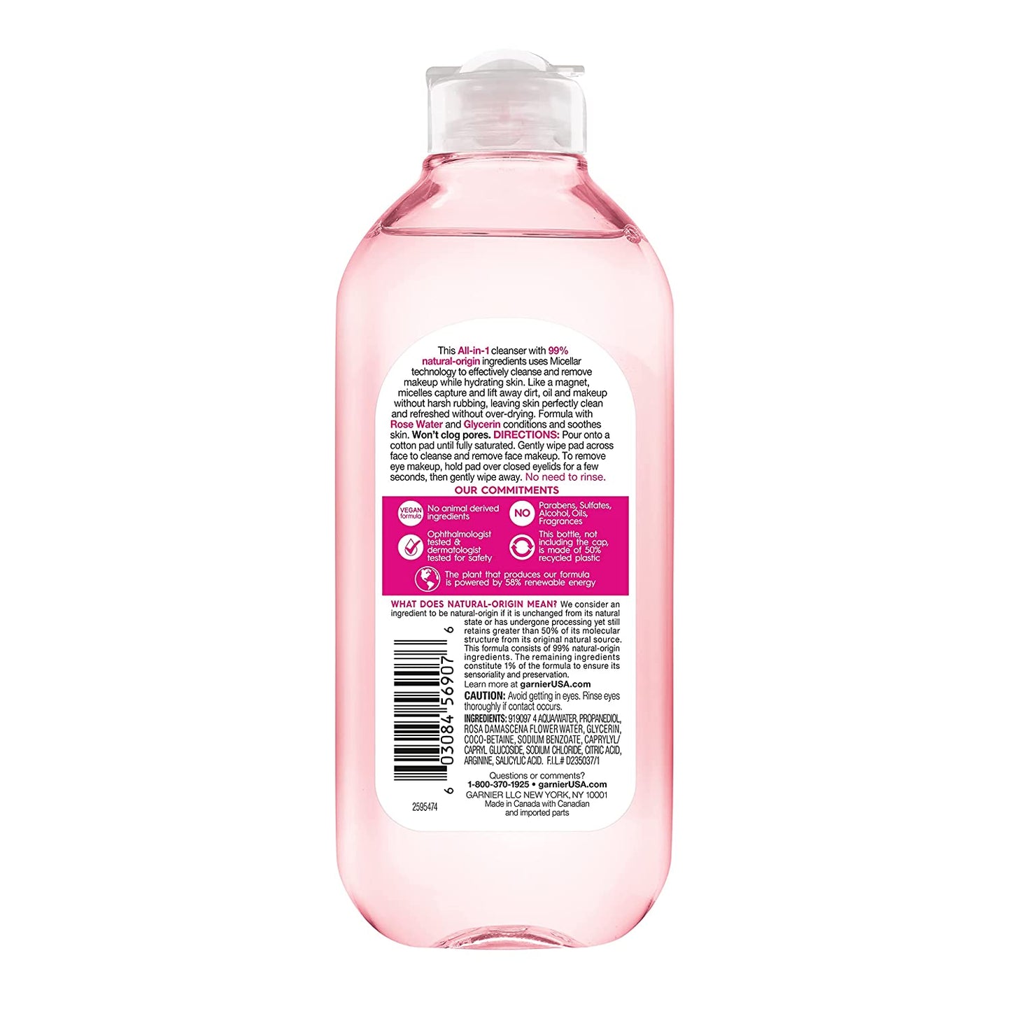 Micellar Water with Rose Water and Glycerin - Hydrating Facial Cleanser and Makeup Remover for All Skin Types, Vegan and Cruelty-Free, 13.5 Fl Oz (400 mL)