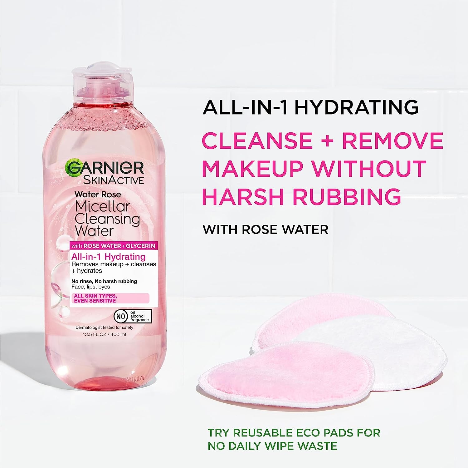 Micellar Water with Rose Water and Glycerin - Hydrating Facial Cleanser and Makeup Remover for All Skin Types, Vegan and Cruelty-Free, 13.5 Fl Oz (400 mL)