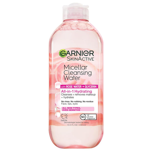 Micellar Water with Rose Water and Glycerin - Hydrating Facial Cleanser and Makeup Remover for All Skin Types, Vegan and Cruelty-Free, 13.5 Fl Oz (400 mL)