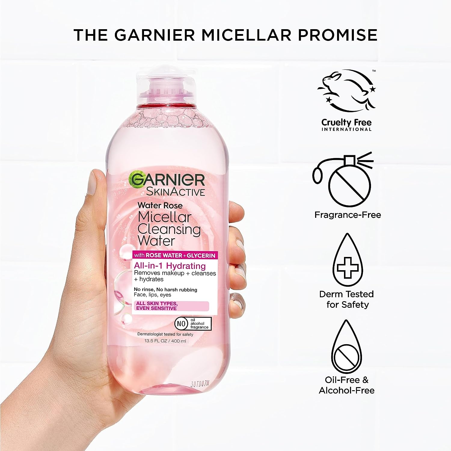 Micellar Water with Rose Water and Glycerin - Hydrating Facial Cleanser and Makeup Remover for All Skin Types, Vegan and Cruelty-Free, 13.5 Fl Oz (400 mL)